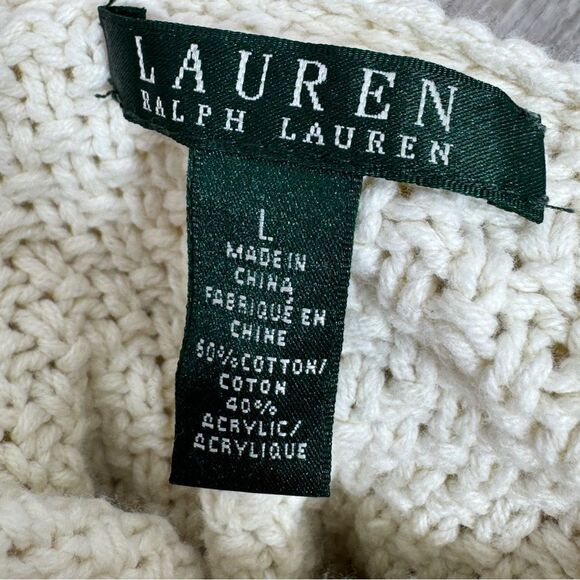 Lauren Ralph Lauren Waffle Cable Knit Turtleneck Sweater Cream Large Fisherman - Picture 9 of 11